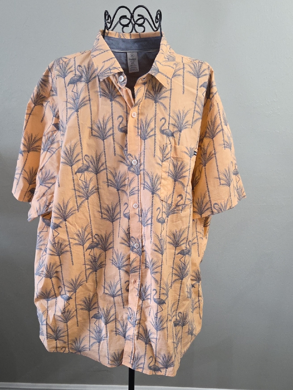 Hurley Peach Short-Sleeve Button-Up with Navy Palm & Flamingo Print